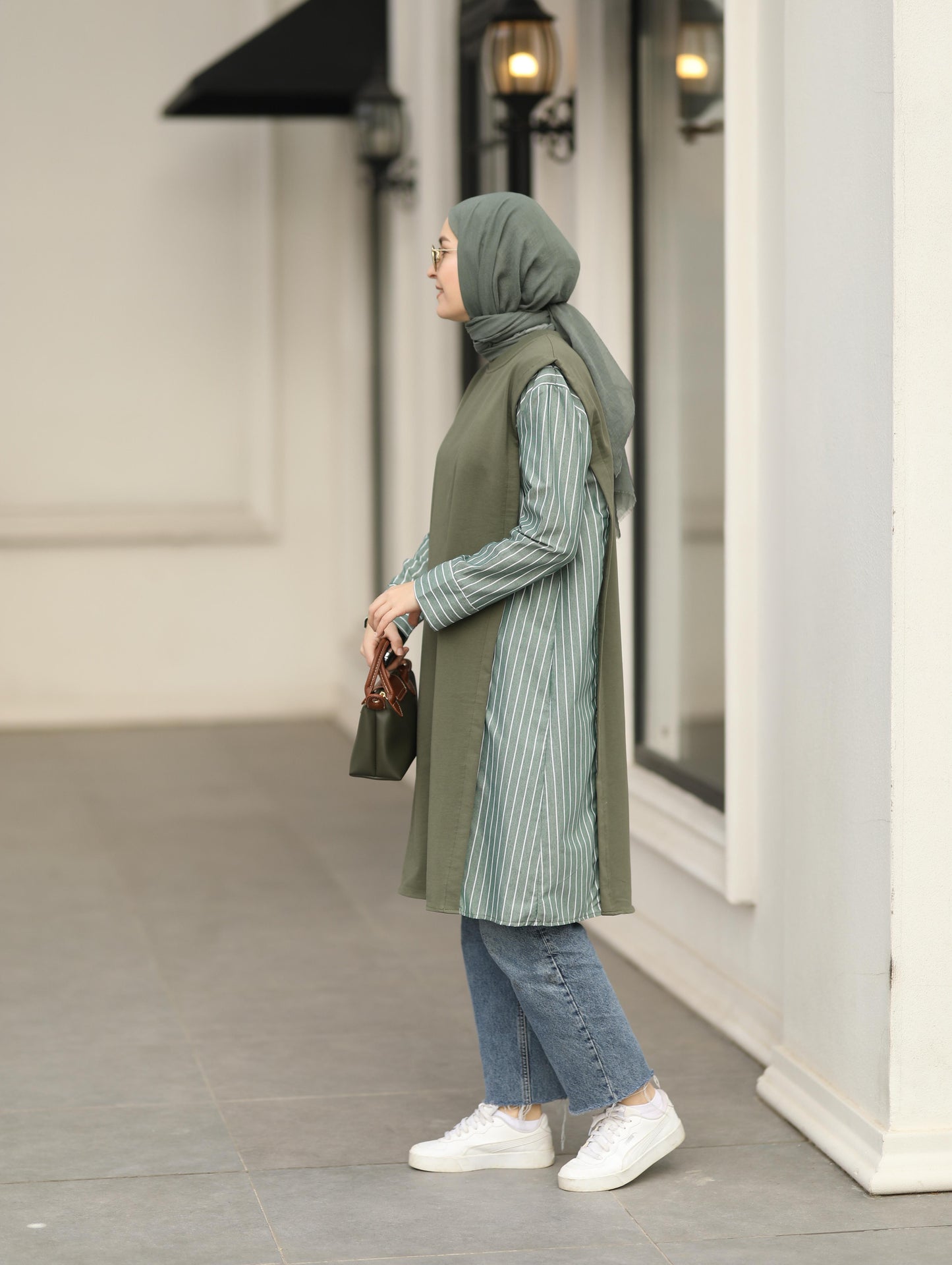 Gömlek detaylı uzun Sweat tunik, haki