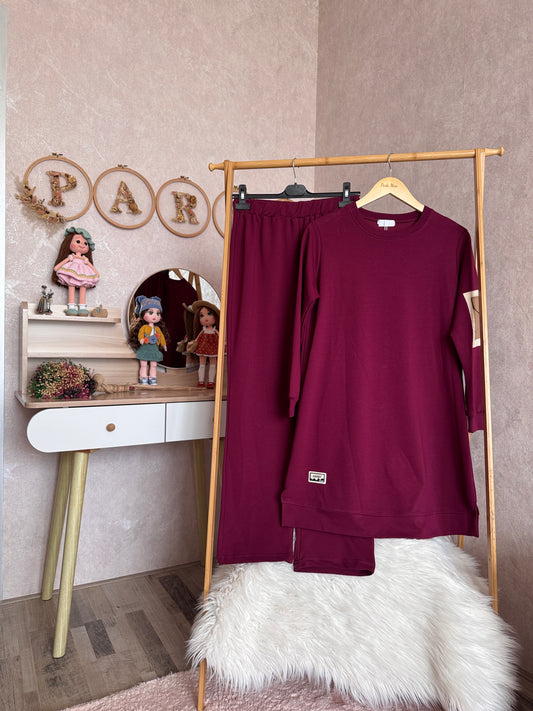 Tunik kolu cep detaylı takım bordo (40-46 beden)