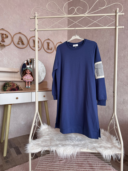 İki iplik penye tunik, kolları cep detaylı, indigo