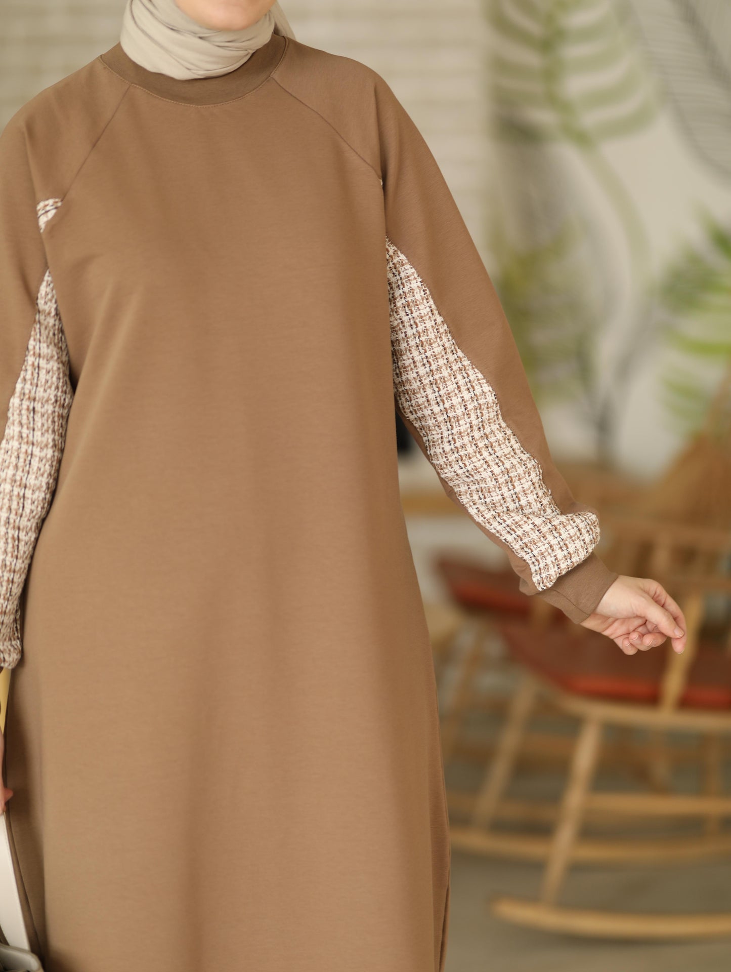 Tüvit garnili 120 cm sweat tunik, Camel