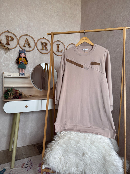 Düz tunik kısa şerit detaylı, bej