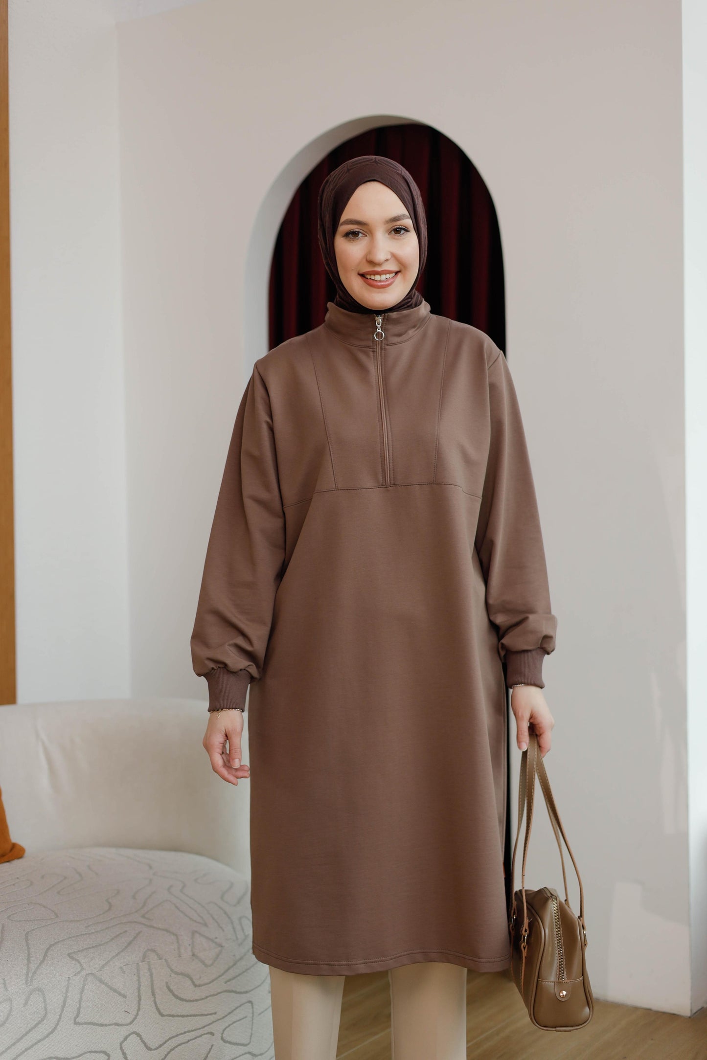 Yarım fermuarlı 120 cm sweat tunik, kahve