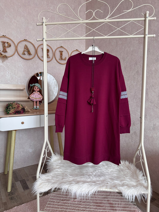 İki iplik penye tunik, kolları zikzak detaylı, bordo