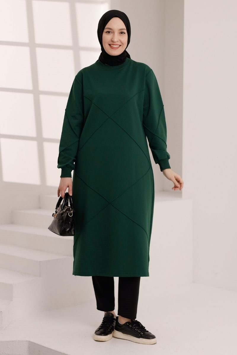 Dikiş detaylı 120 cm sweat tunik, zümrüt