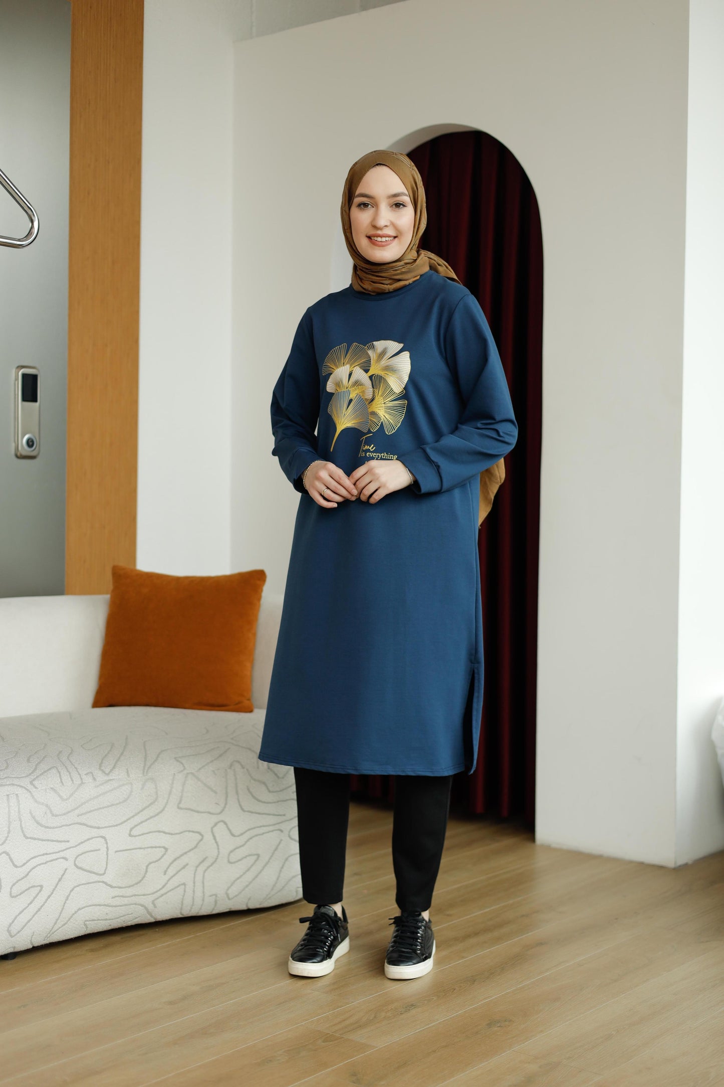 Yaprak baskılı 110 cm sweat tunik, lacivert