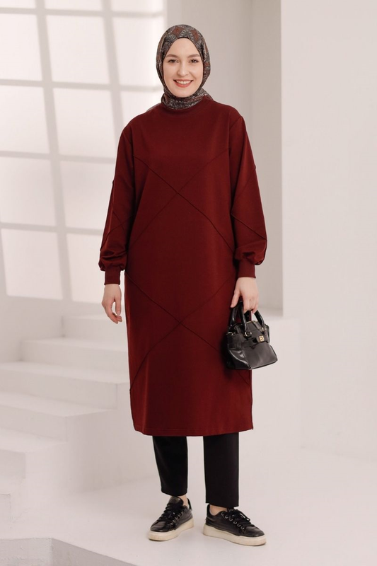 Dikiş detaylı 120 cm sweat tunik, vişne