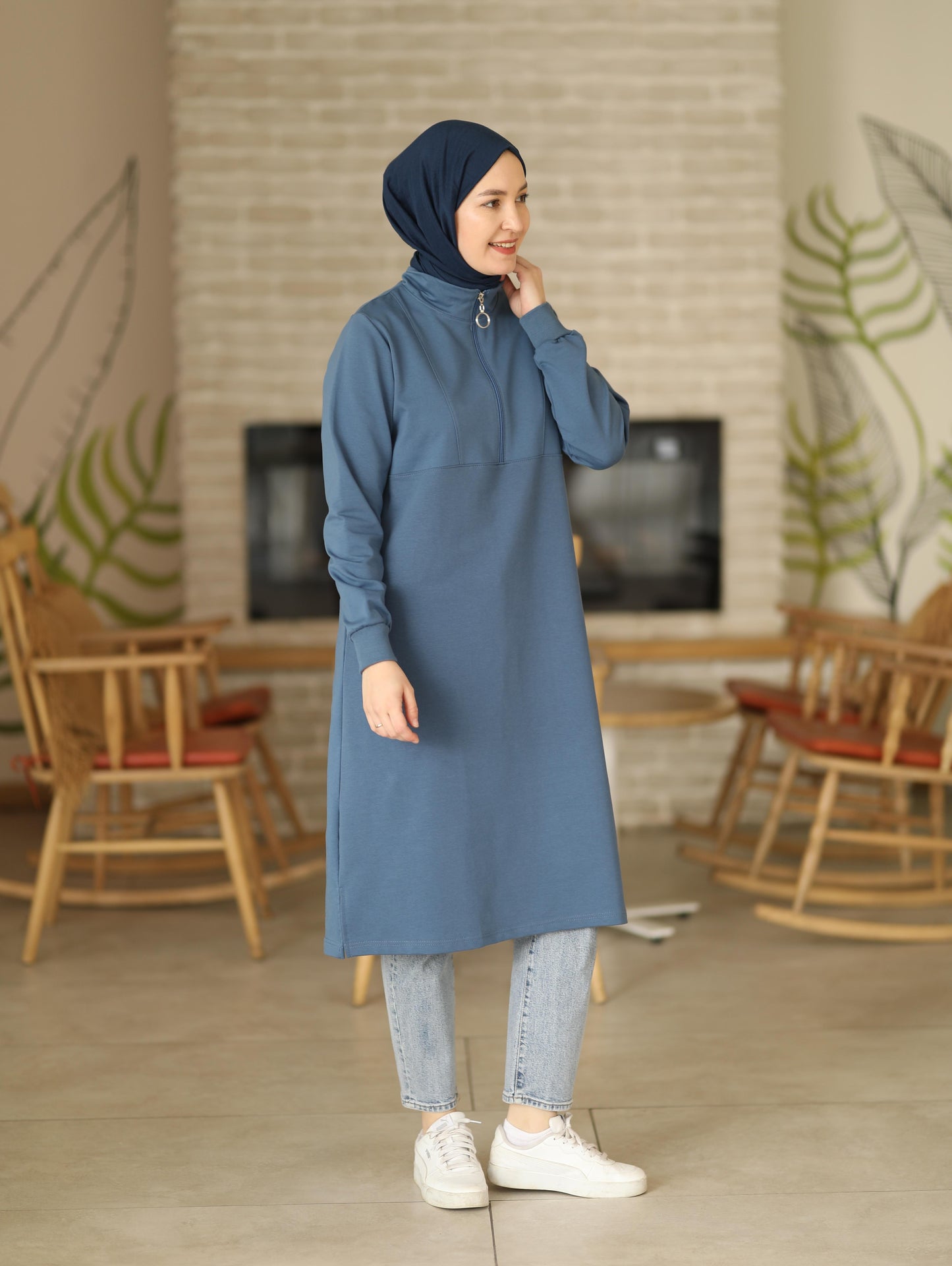 Yarım fermuarlı 110 cm sweat tunik, indigo