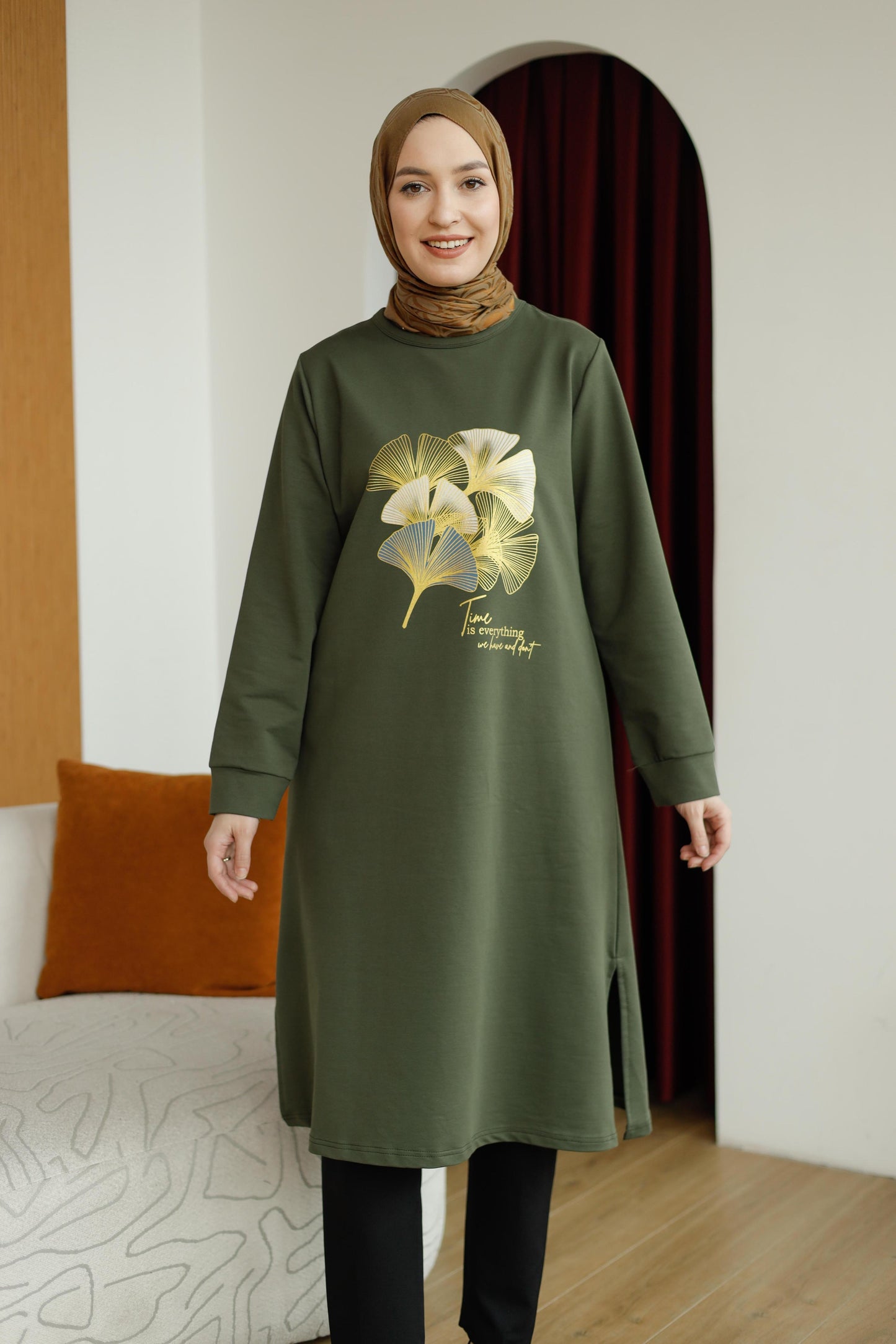 Yaprak baskılı 110 cm sweat tunik, haki