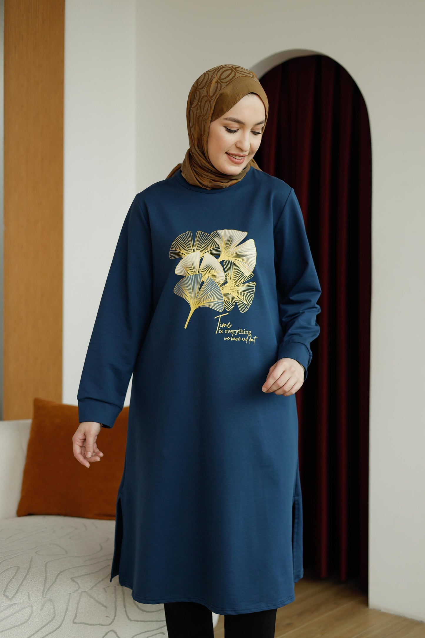 Yaprak baskılı 110 cm sweat tunik, lacivert