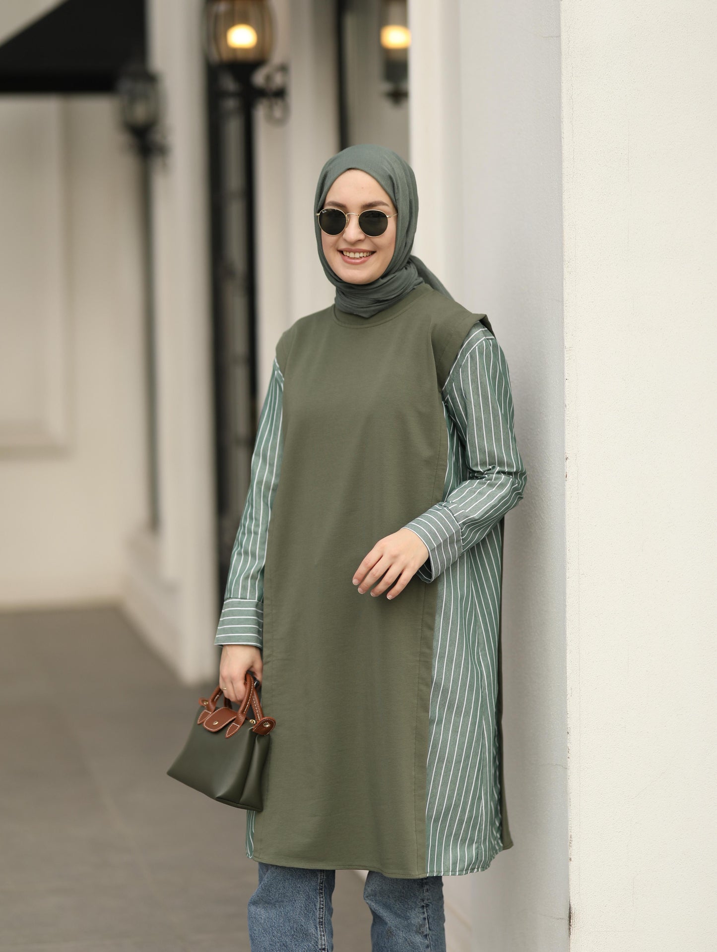 Gömlek detaylı uzun Sweat tunik, haki