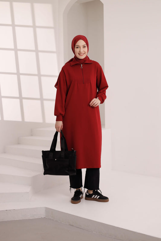 Yarım fermuarlı 120 cm sweat tunik, nar kızılı