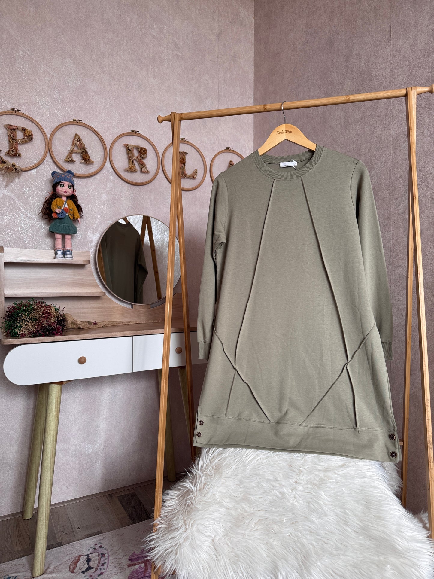 Düz tunik kısa düğme detaylı, yeşil