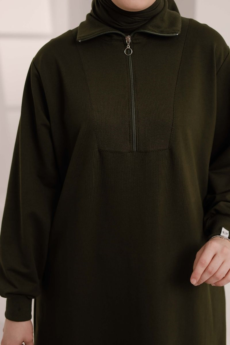 Yarım fermuarlı 120 cm sweat tunik, haki