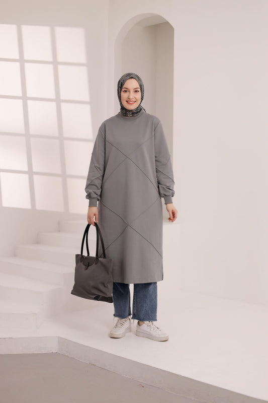 Dikiş detaylı 120 cm sweat tunik, gri