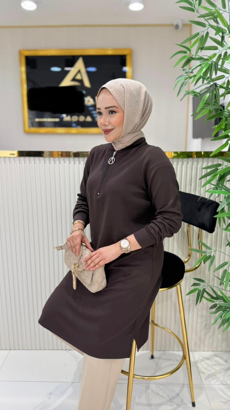 A kalite orijinal ince oysho kumaş tunik, kahverengi