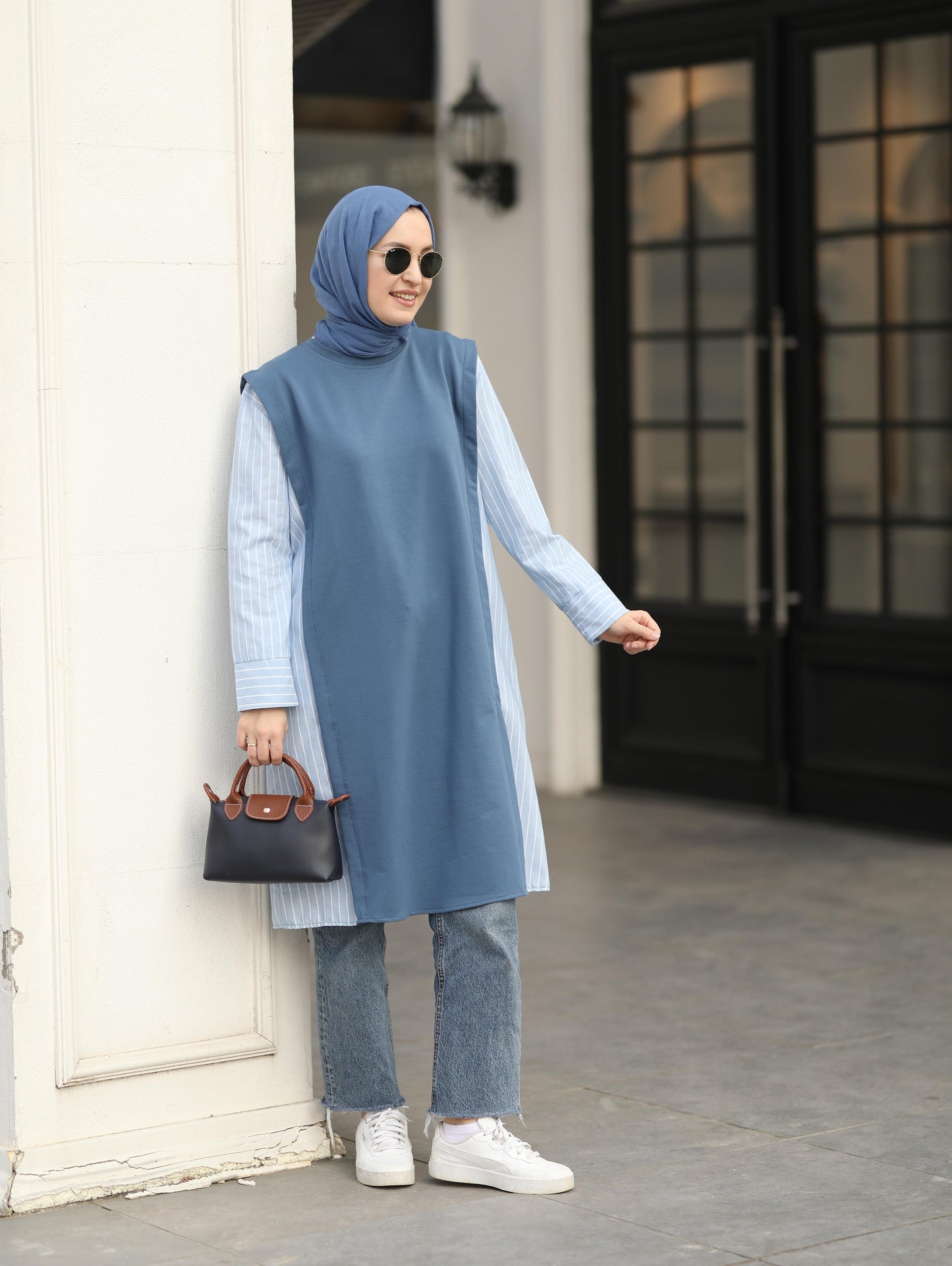 Gömlek detaylı uzun Sweat tunik, indigo