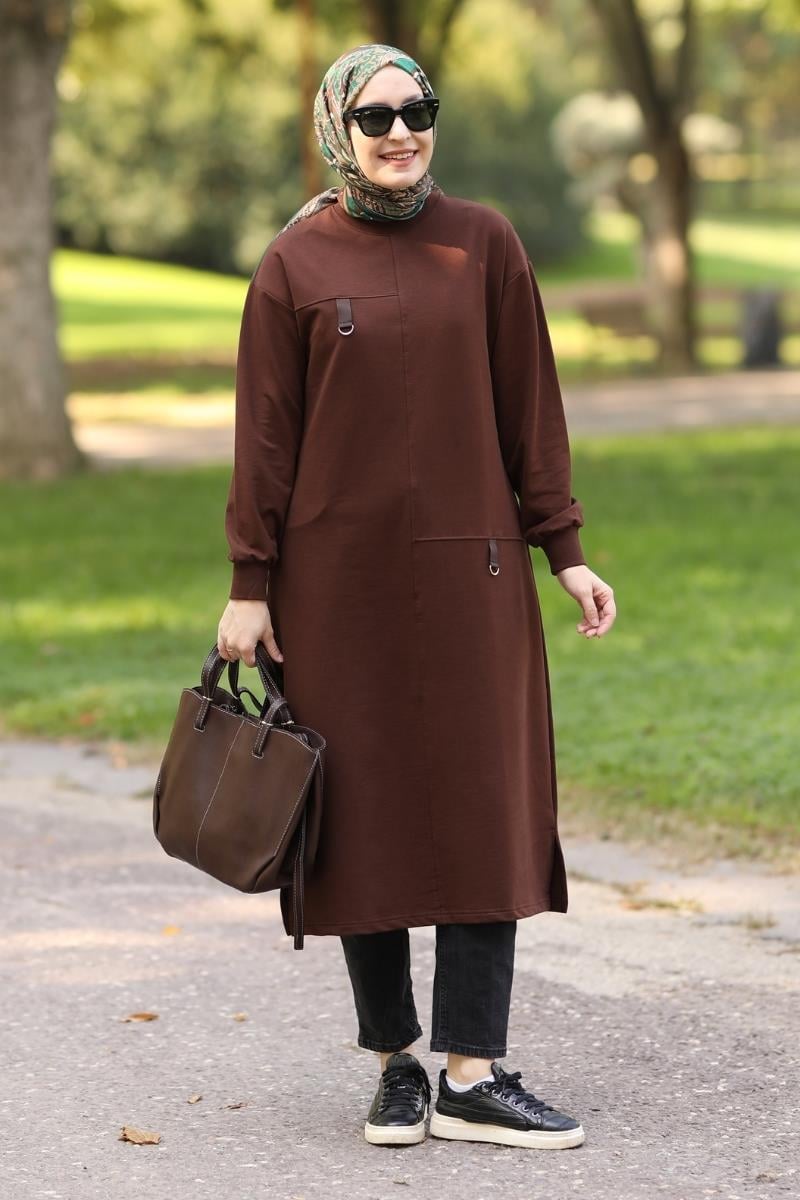 D tokalı 120 cm sweat tunik, acı kahve