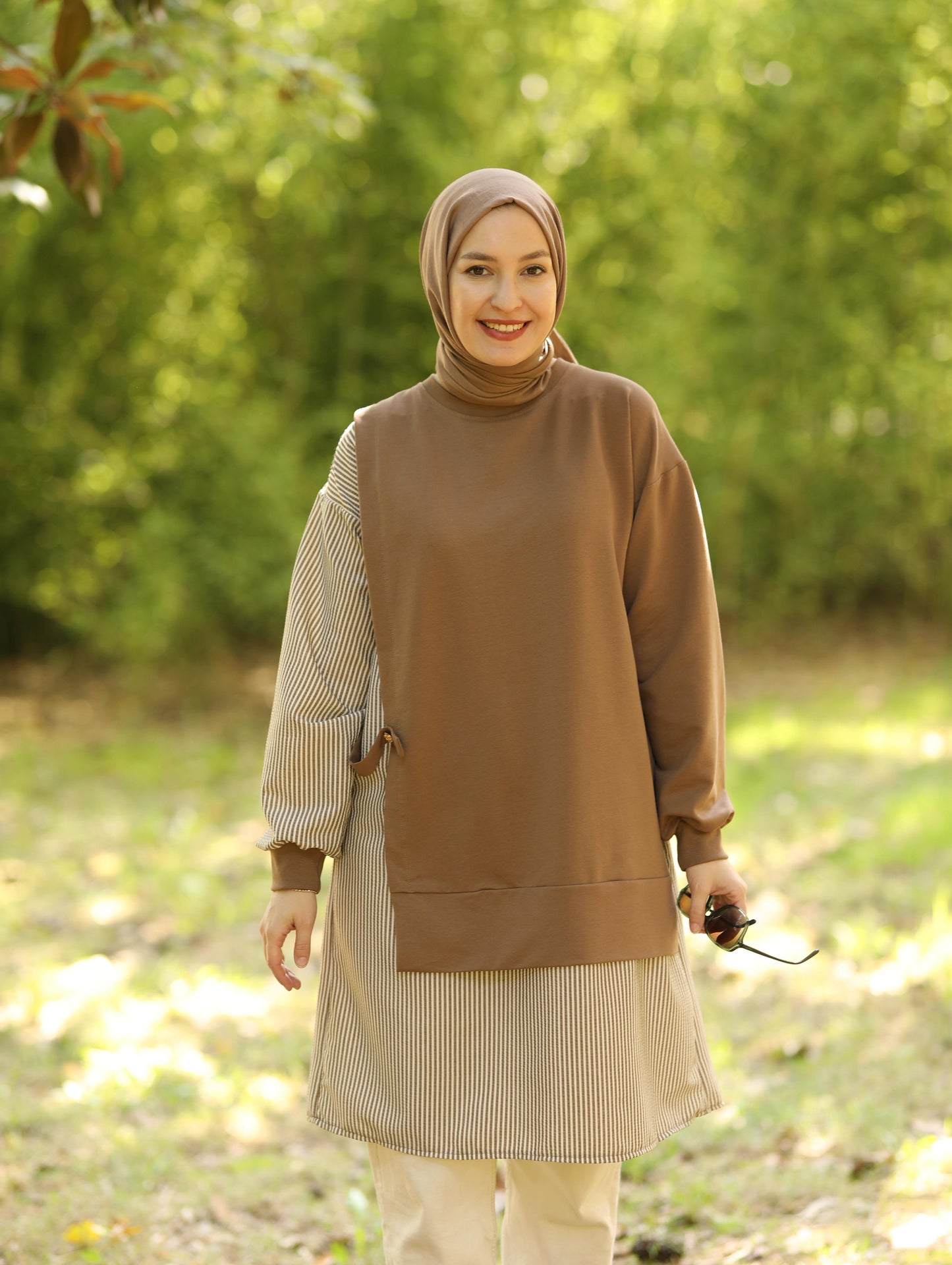 Gofre detaylı uzun sweat tunik, camel