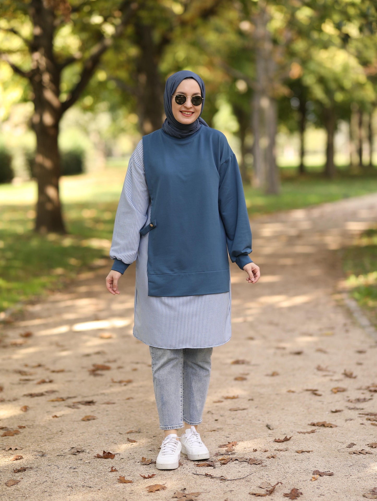Gofre detaylı uzun sweat tunik, indigo