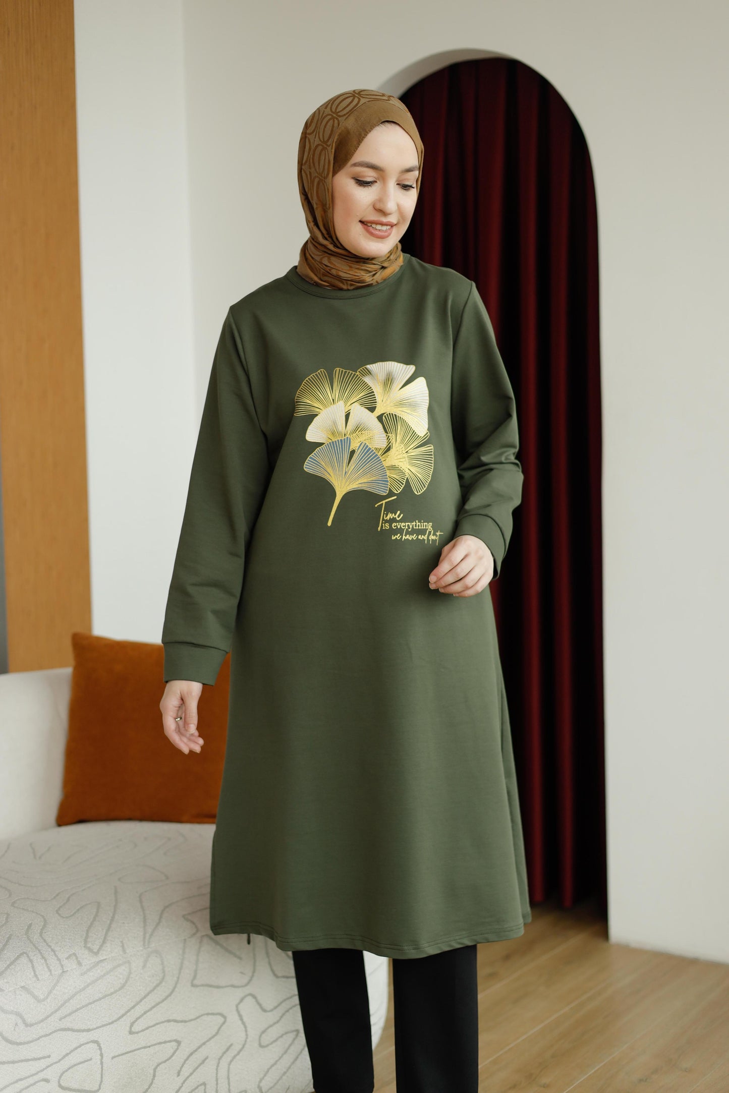 Yaprak baskılı 110 cm sweat tunik, haki