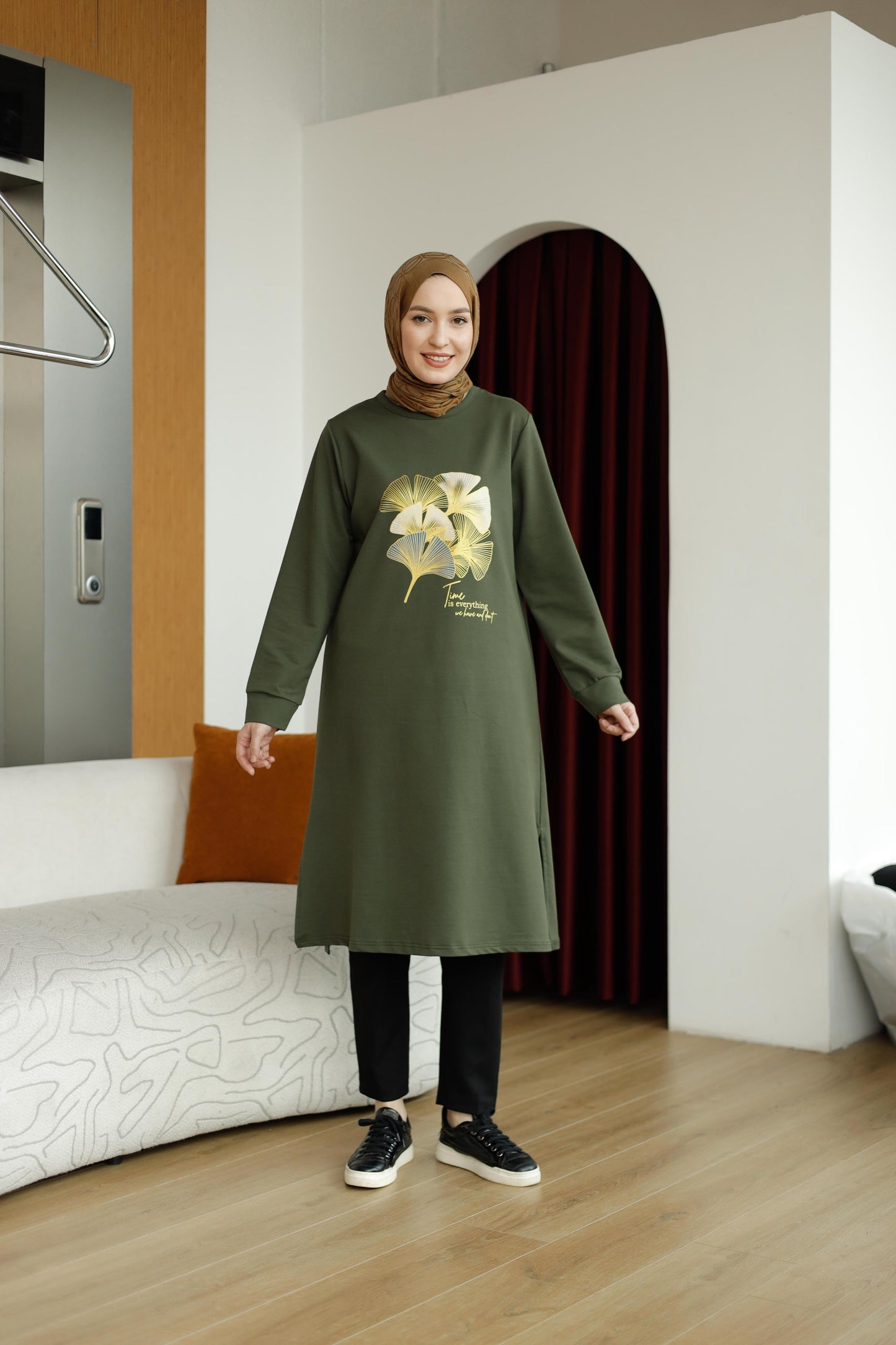 Yaprak baskılı 110 cm sweat tunik, haki