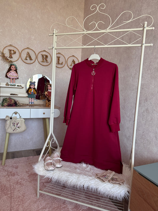 Yakası fermuarlı iki iplik tunik bordo
