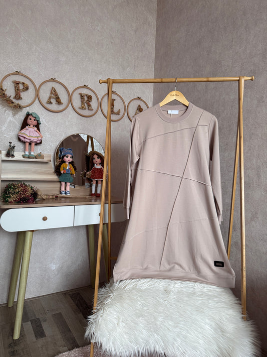Önden dikiş detaylı tunik, bej (42-48 beden)