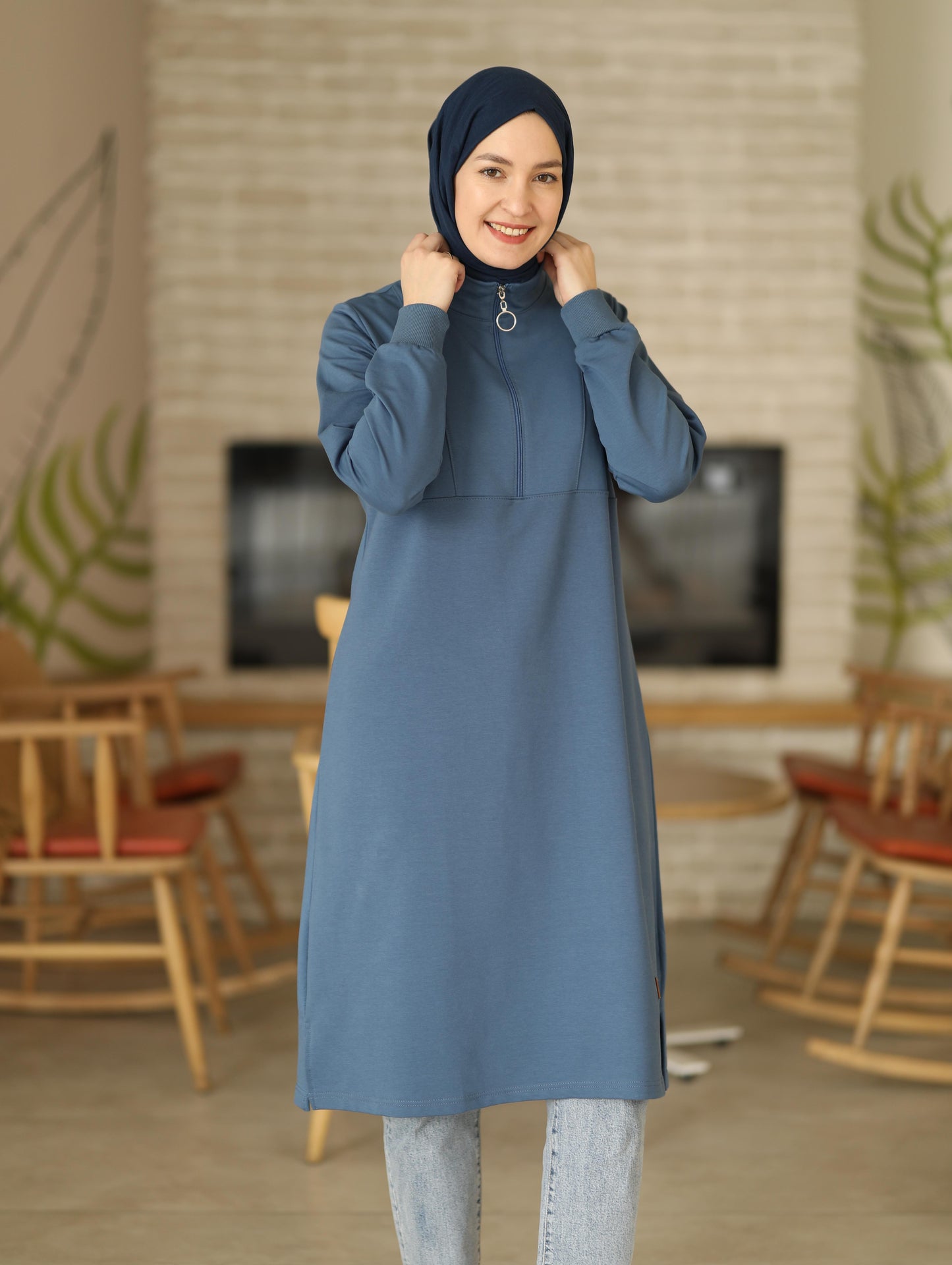 Yarım fermuarlı 110 cm sweat tunik, indigo
