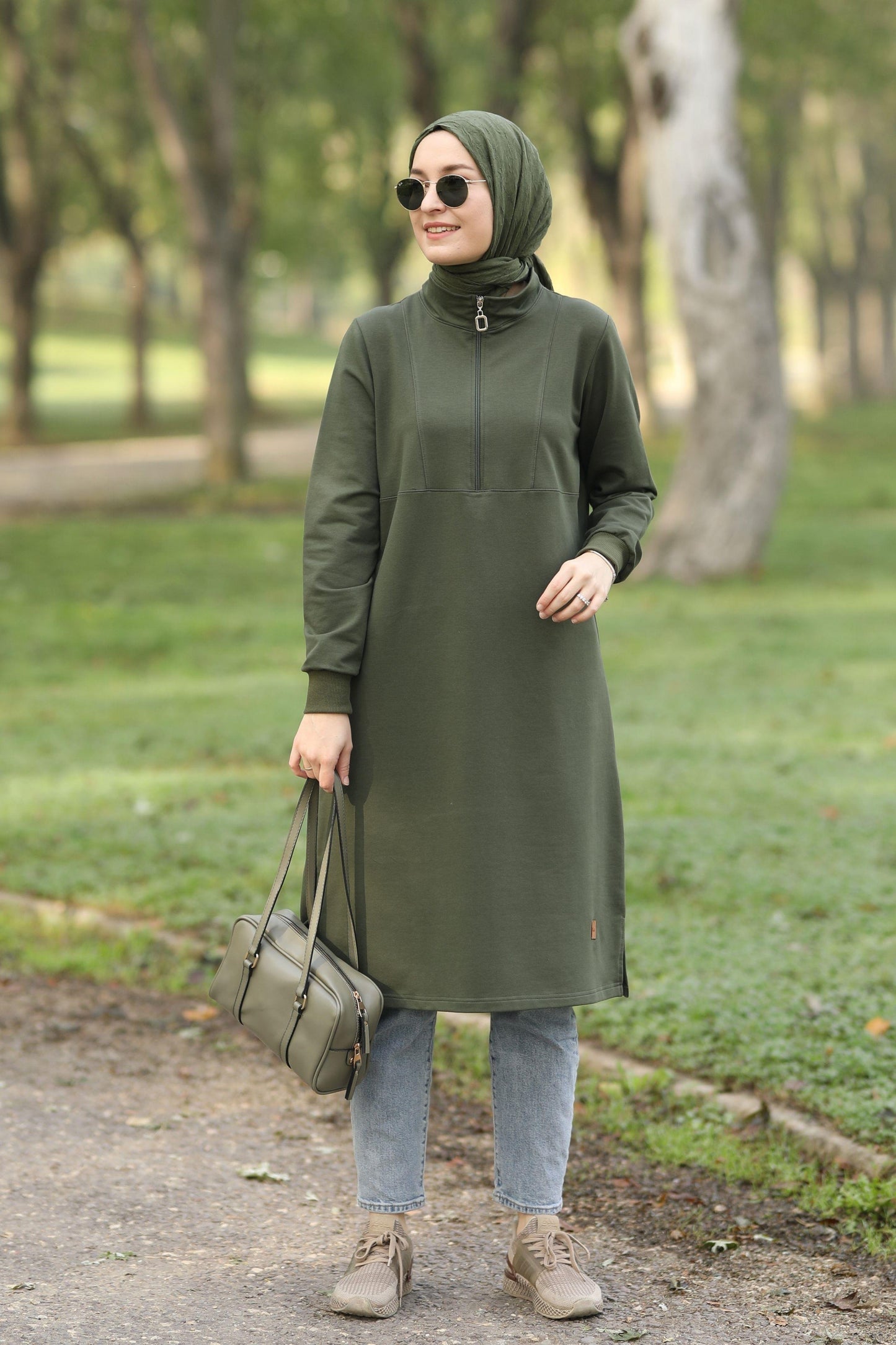 Yarım fermuarlı 110 cm sweat tunik, haki
