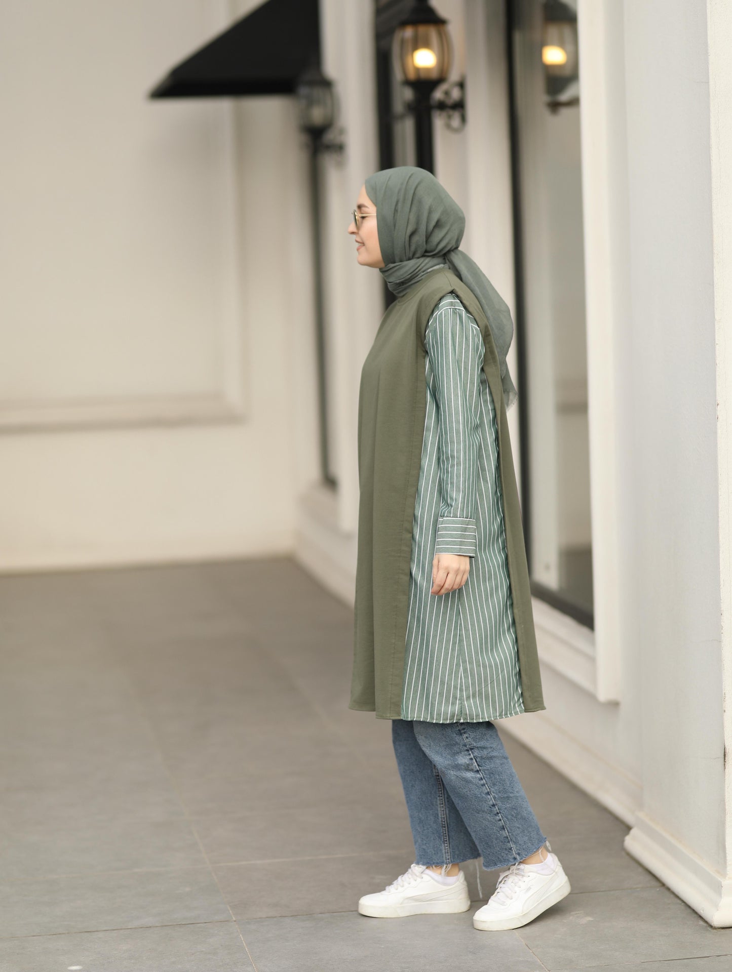 Gömlek detaylı uzun Sweat tunik, haki