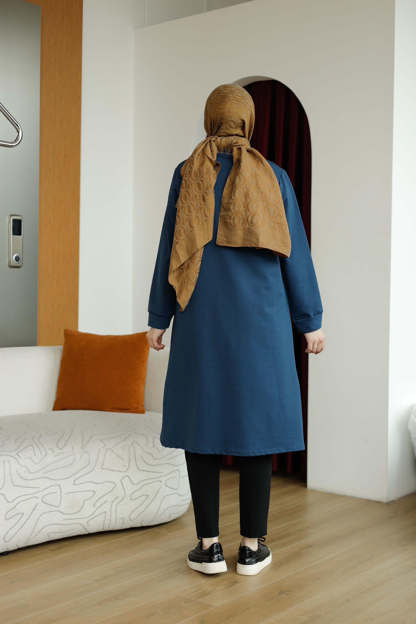 Yaprak baskılı 110 cm sweat tunik, lacivert