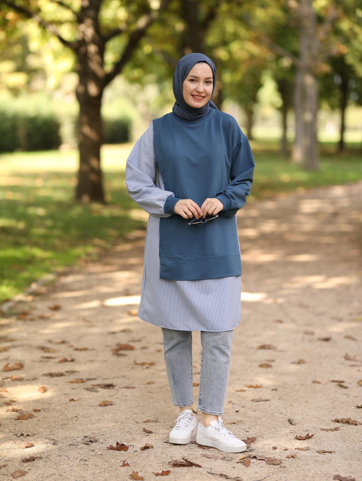 Gofre detaylı uzun sweat tunik, indigo