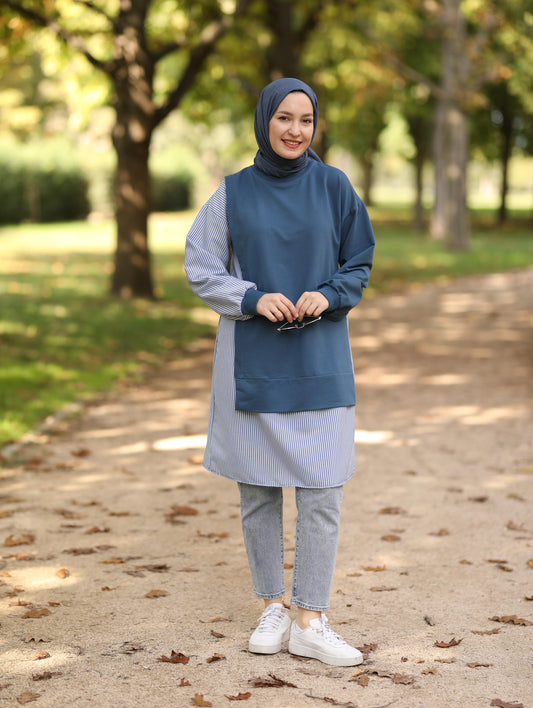 Gofre detaylı uzun sweat tunik, indigo