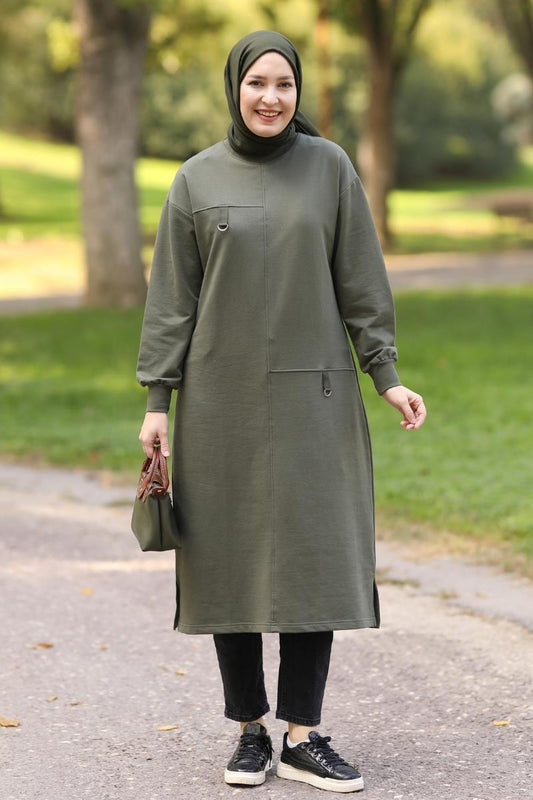 D tokalı 120 cm sweat tunik, haki