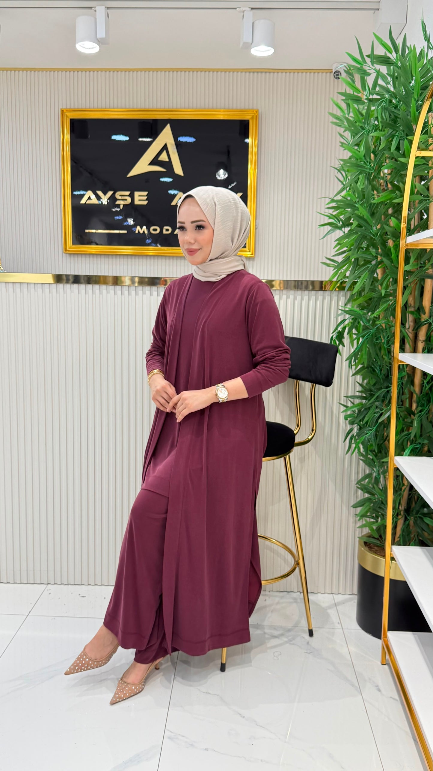 İnce bambu kumaş, üçlü takım, mürdüm