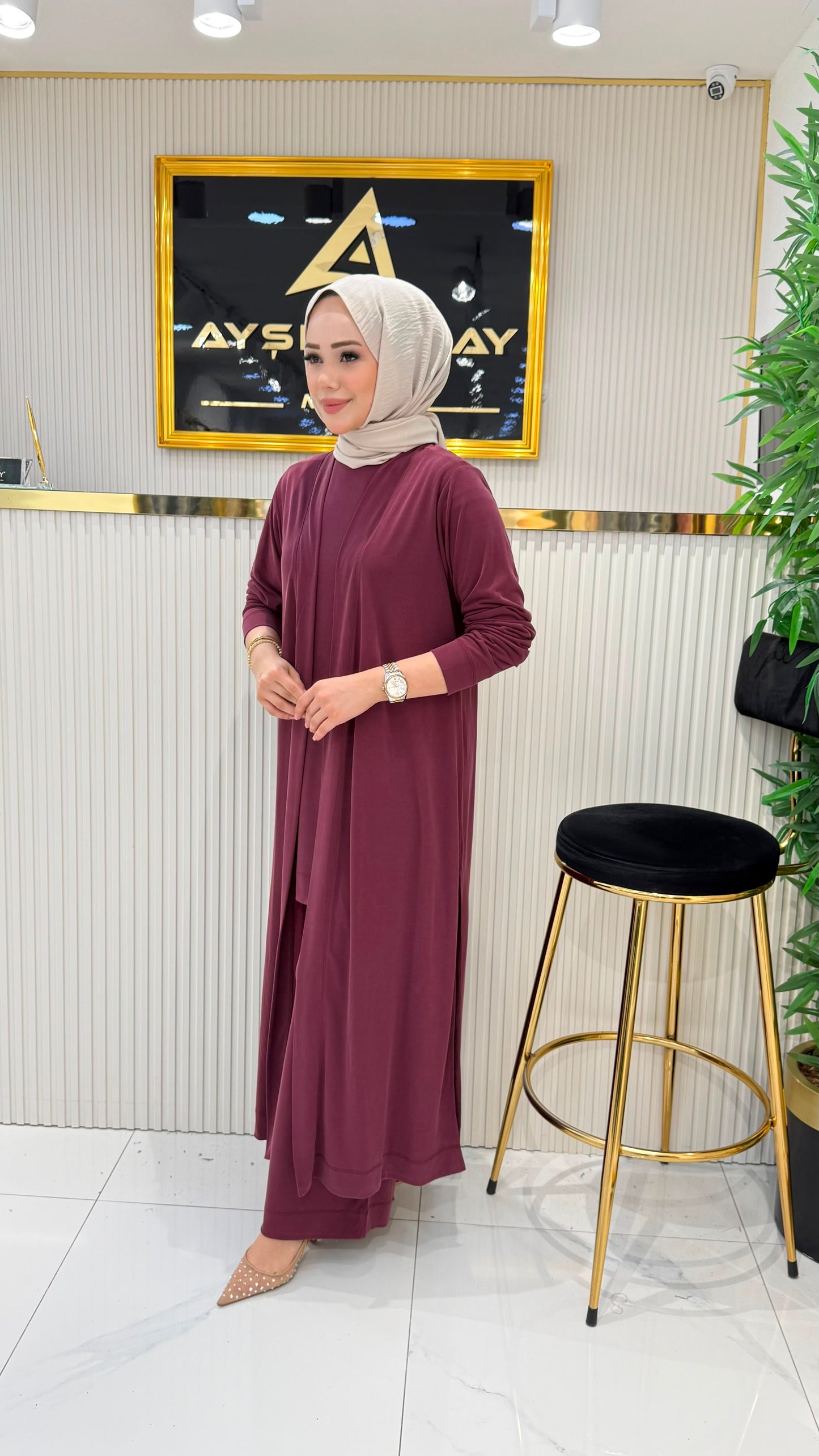 İnce bambu kumaş, üçlü takım, mürdüm