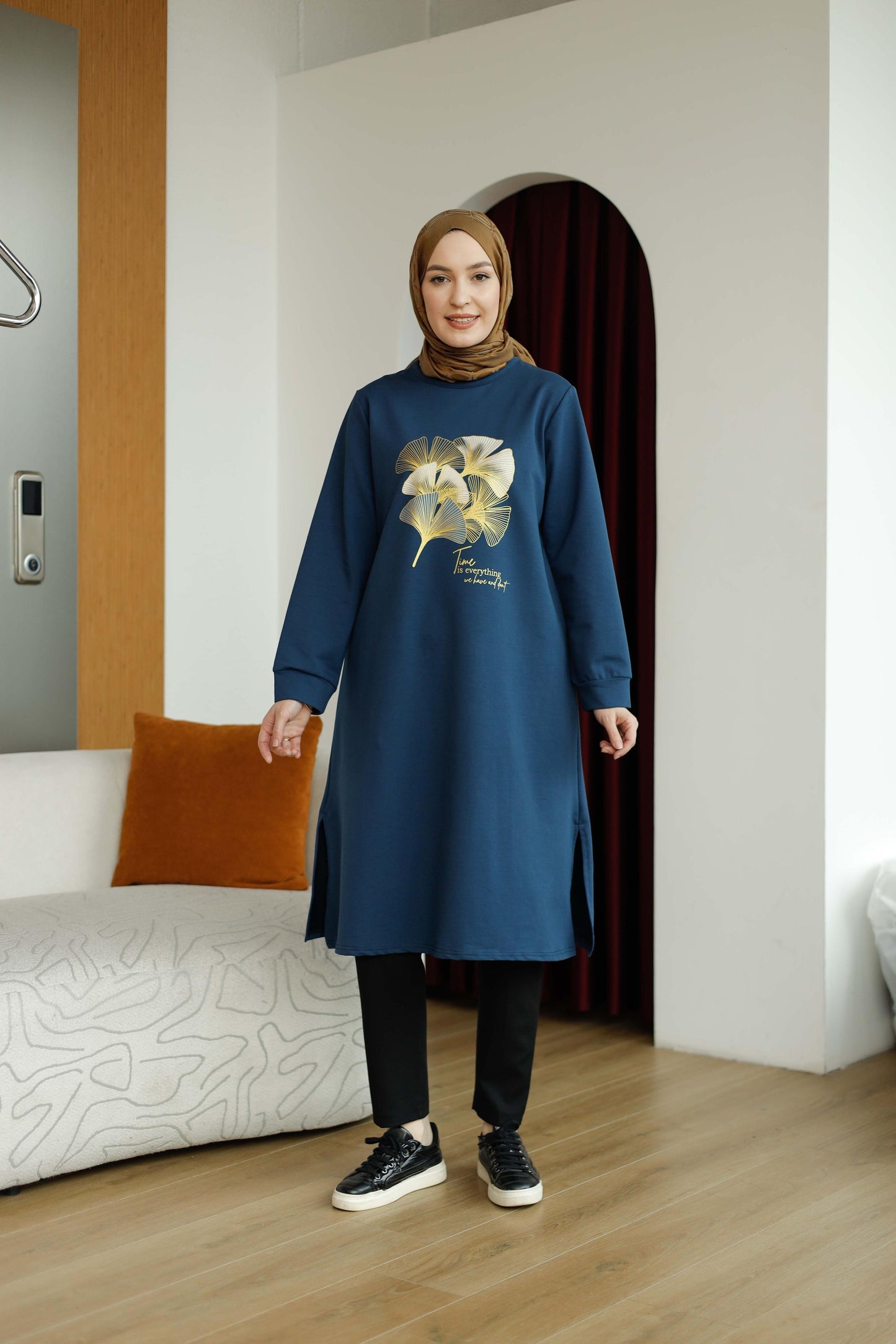Yaprak baskılı 110 cm sweat tunik, lacivert