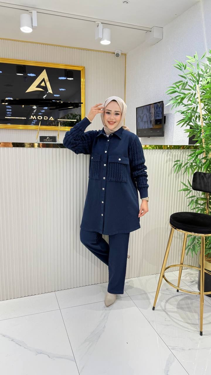 %100 pamuk kumaş ve trko detaylı takım, lacivert