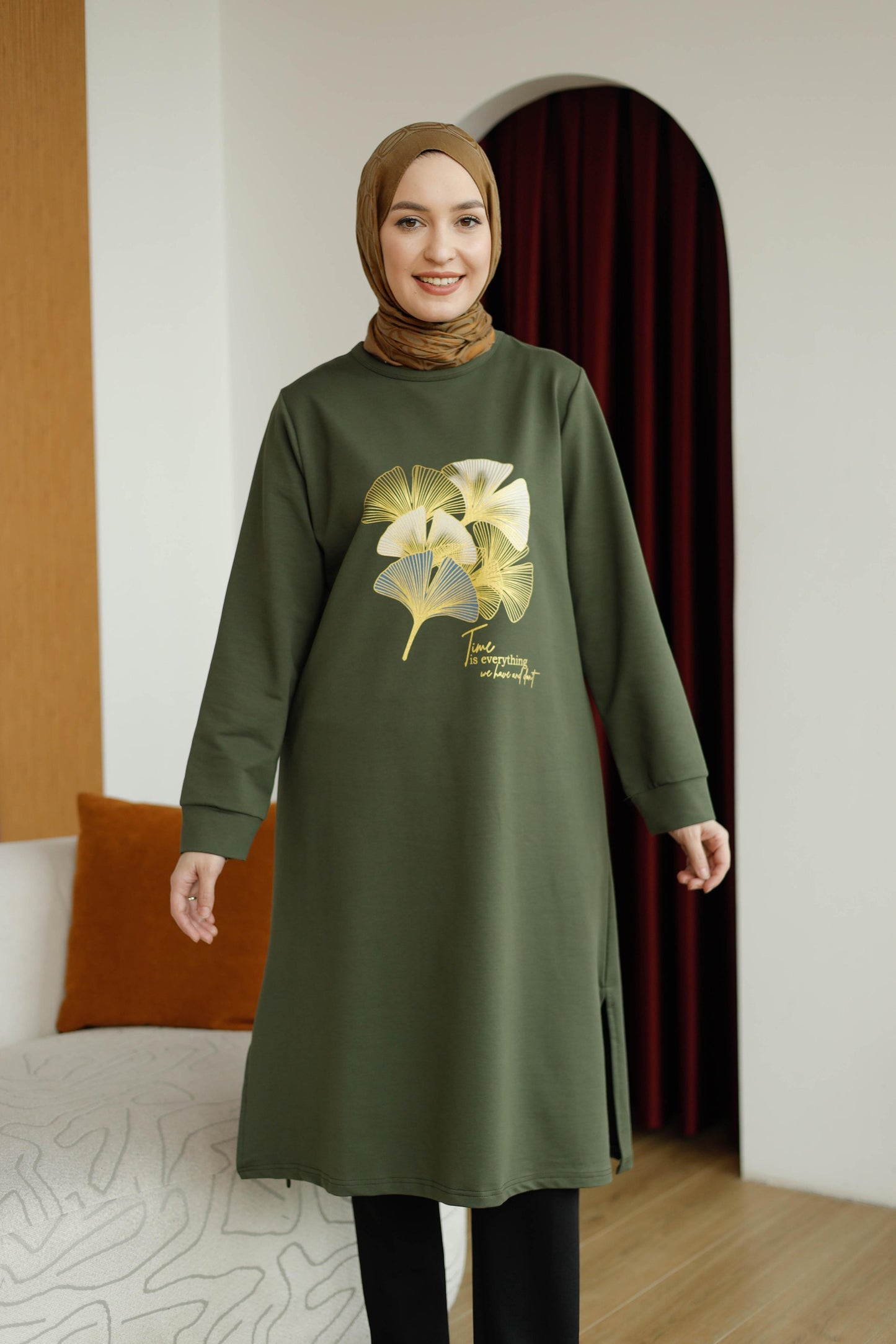 Yaprak baskılı 110 cm sweat tunik, haki