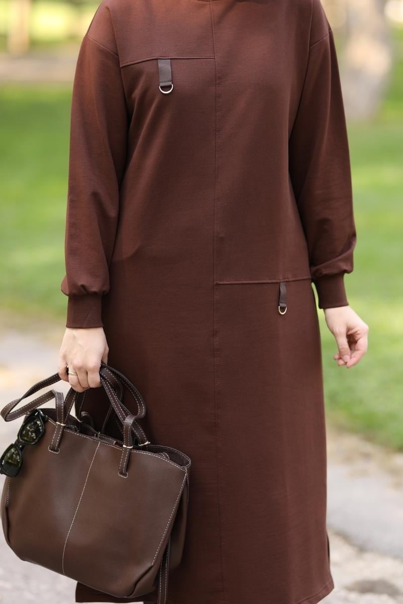D tokalı 120 cm sweat tunik, acı kahve