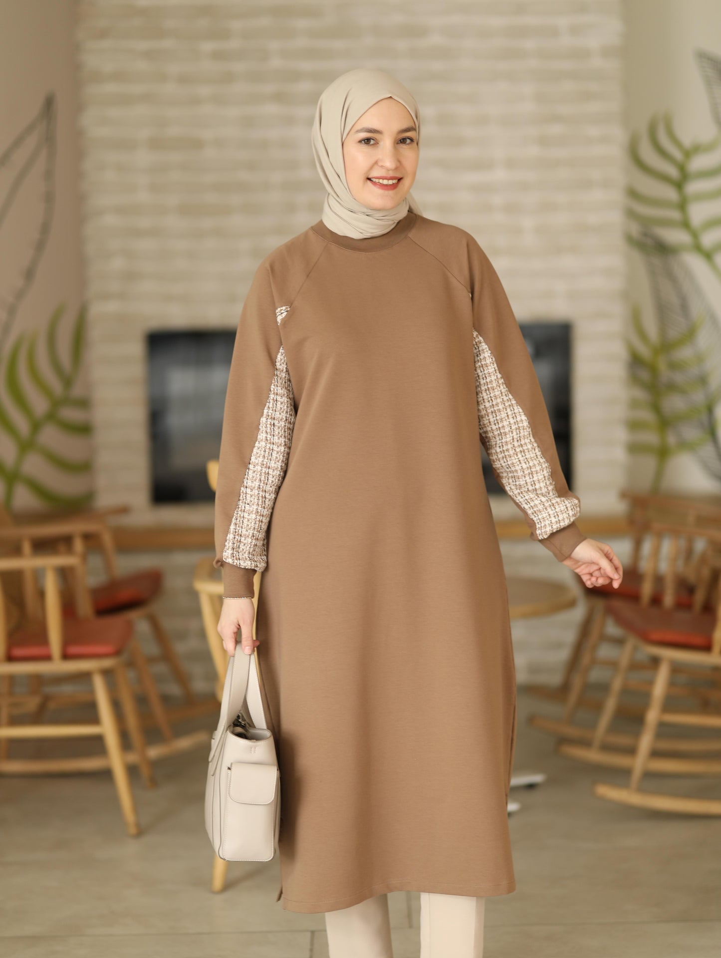 Tüvit garnili 120 cm sweat tunik, Camel