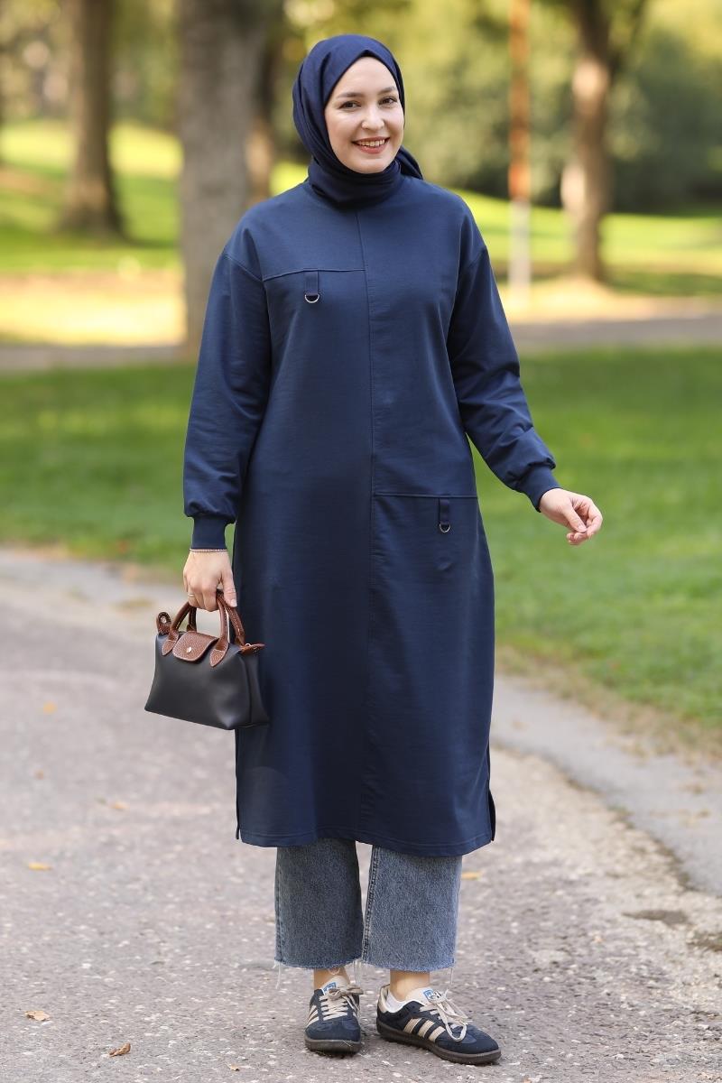 D tokalı 120 cm sweat tunik, lacivert