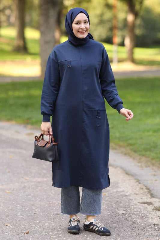 D tokalı 120 cm sweat tunik, lacivert