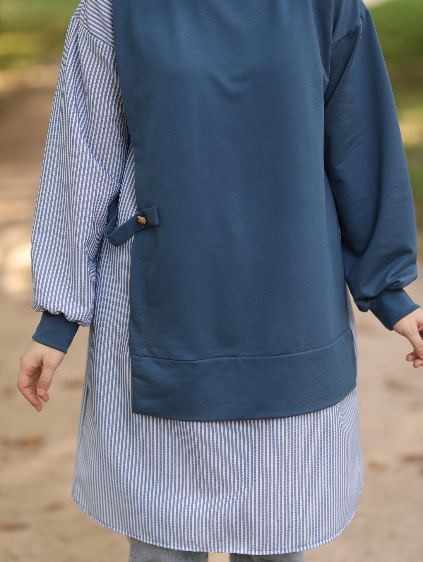 Gofre detaylı uzun sweat tunik, indigo