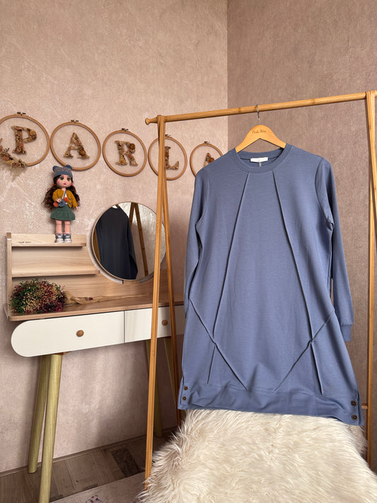 Düz tunik kısa düğme detaylı, mavi