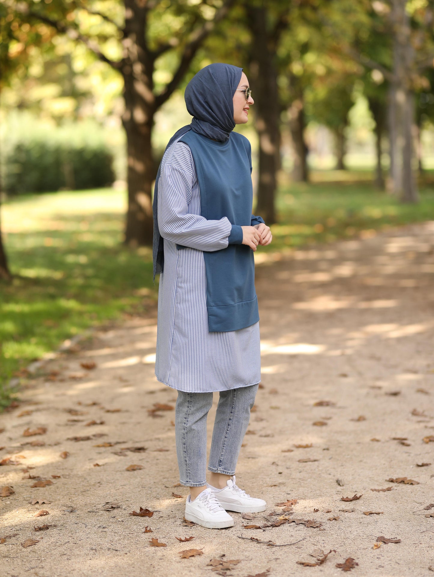 Gofre detaylı uzun sweat tunik, indigo