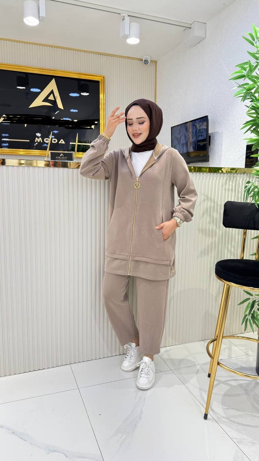 A kalite orijinal oysho kumaş önden fermuarlı takım, vizon