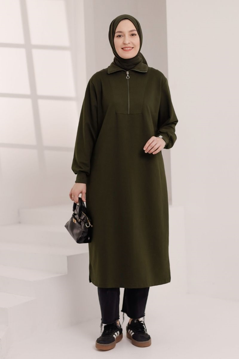 Yarım fermuarlı 120 cm sweat tunik, haki