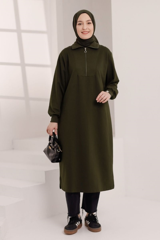 Yarım fermuarlı 120 cm sweat tunik, haki