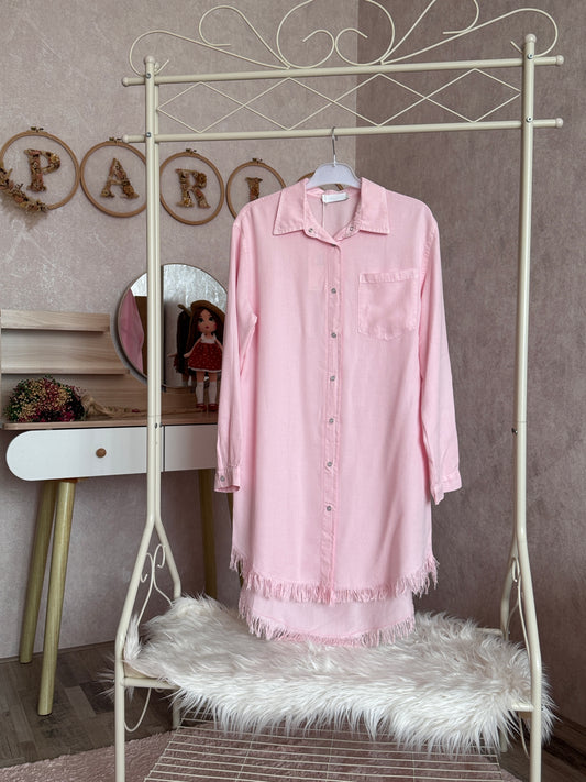 Tensel kumaş püsküllü gömlek tunik, pembe